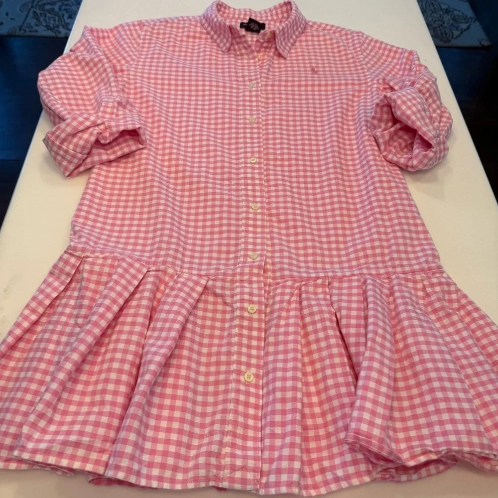 Ralph Lauren Girls Shirt Dress Pink/White Check Pleated Skirt Drop Waist Sz 16